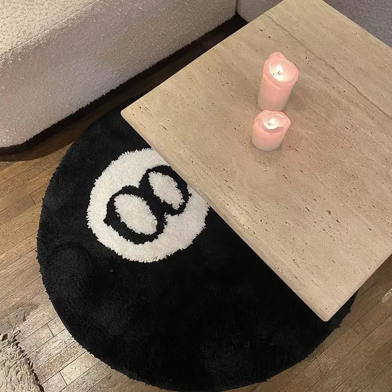 Black 8-Ball Round Flocked Rug