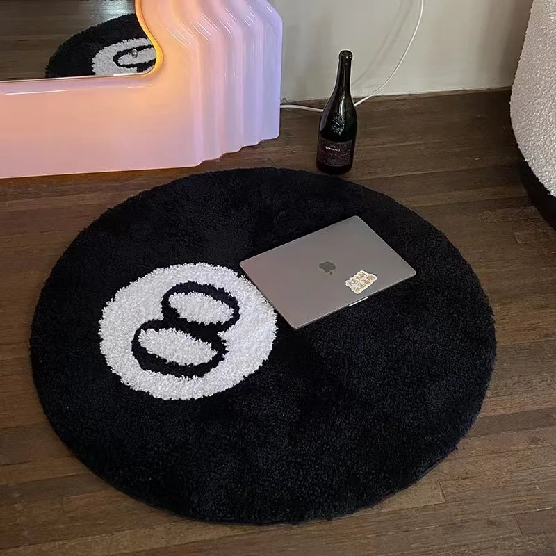 Black 8-Ball Round Flocked Rug