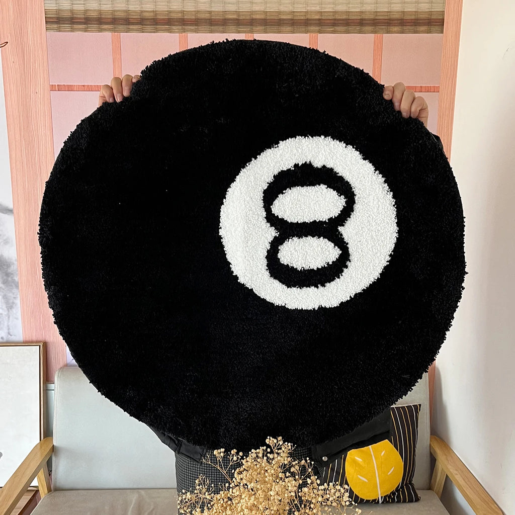 Black 8-Ball Round Flocked Rug