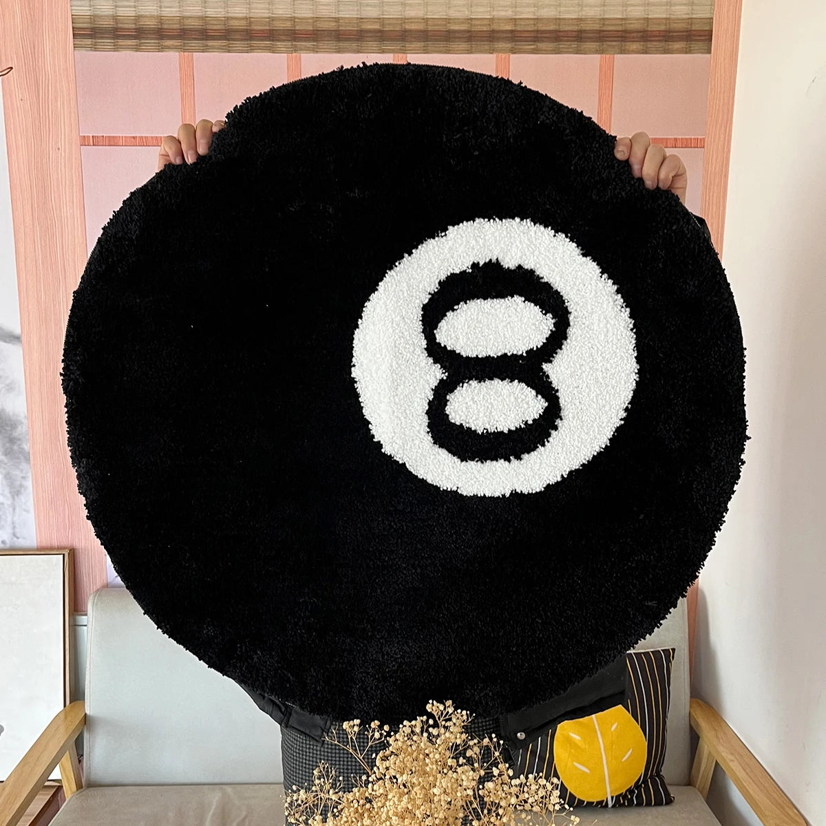 Black 8-Ball Round Flocked Rug
